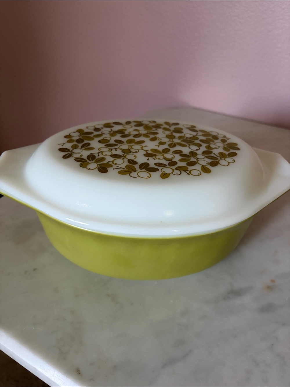 Pyrex Lime Green and White Casserole with Floral Lid